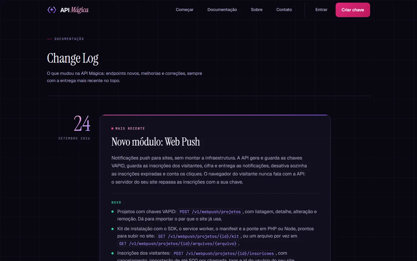 Página de changelog da API Mágica, com a entrada 'Novo módulo: Web Push'.