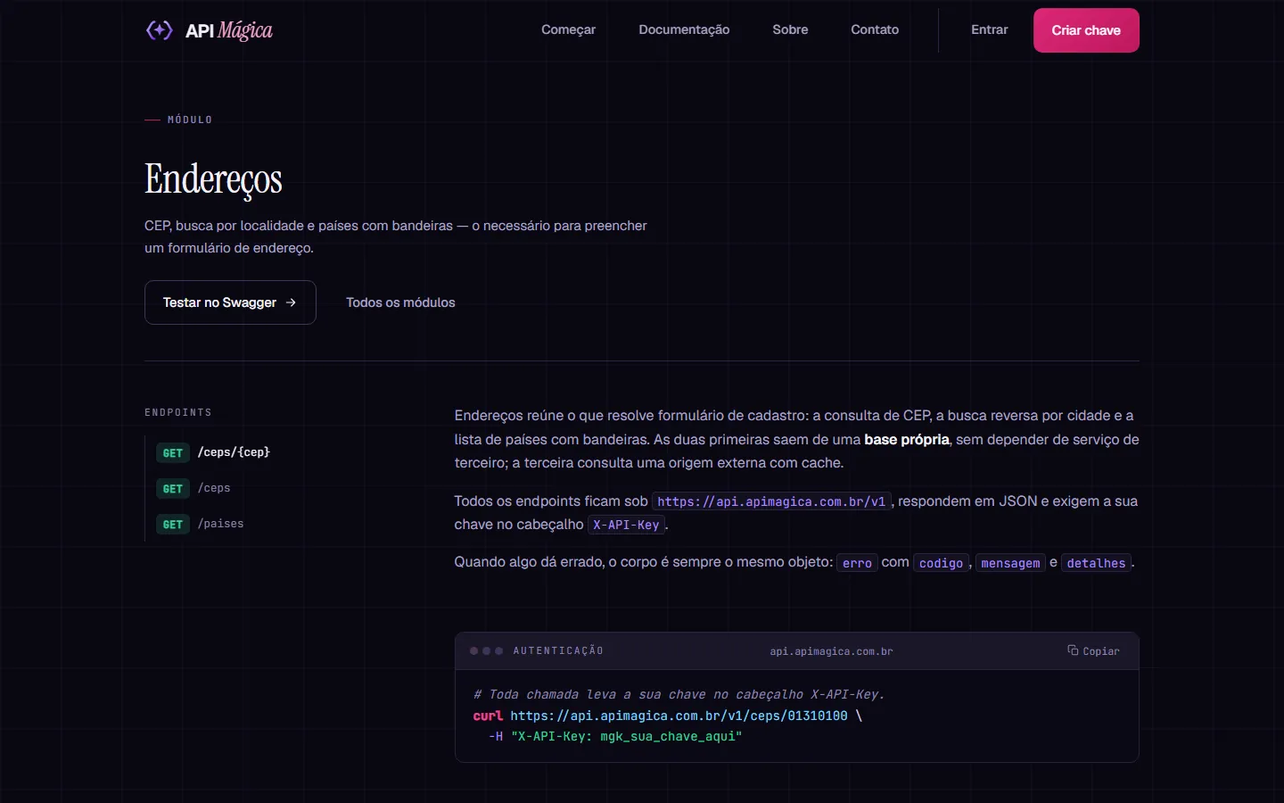Página do módulo Endereços da API Mágica, com os endpoints à esquerda e a explicação à direita.