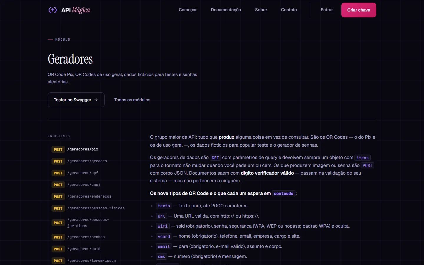 Página do módulo Geradores da API Mágica, com a lista de endpoints POST e GET.