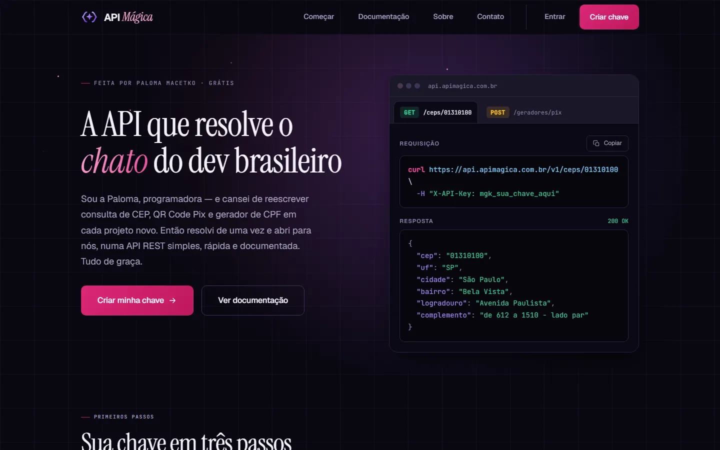 Página inicial da API Mágica com a chamada 'A API que resolve o chato do dev brasileiro' e um exemplo de requisição.