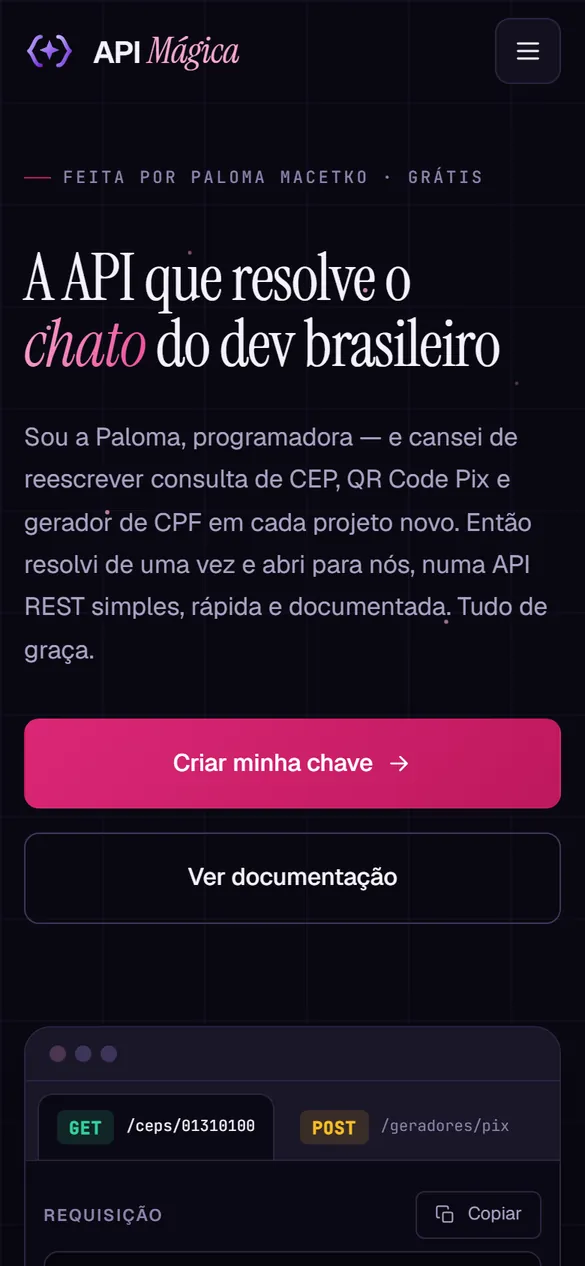 Página inicial da API Mágica no celular, com o título e os botões 'Criar minha chave' e 'Ver documentação'.