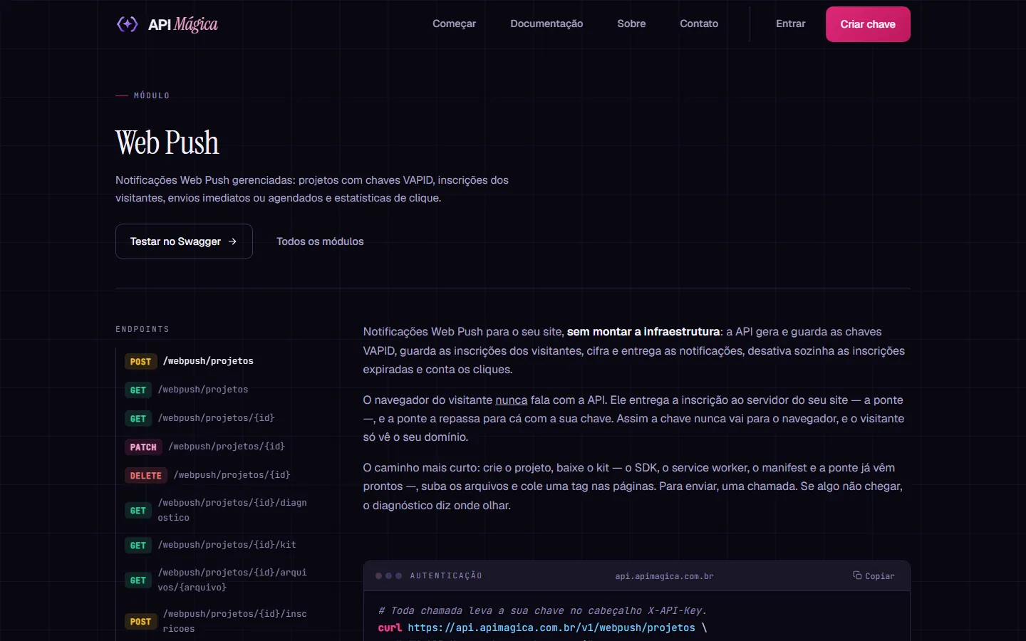 Página do módulo Web Push da API Mágica, com os endpoints de projetos, inscrições e envios.