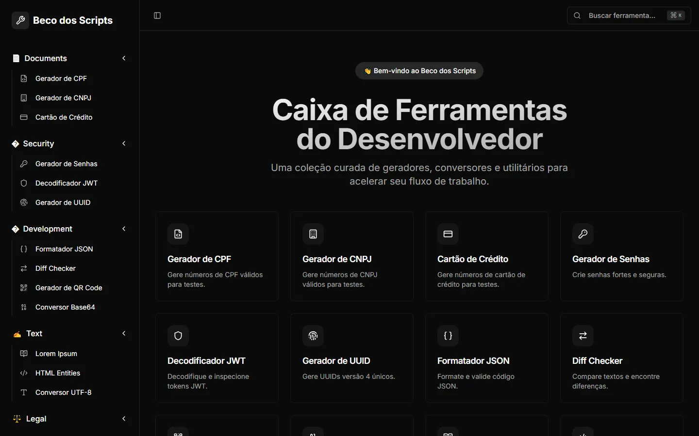 Página inicial do Beco dos Scripts com a barra lateral de categorias e a grade de ferramentas.