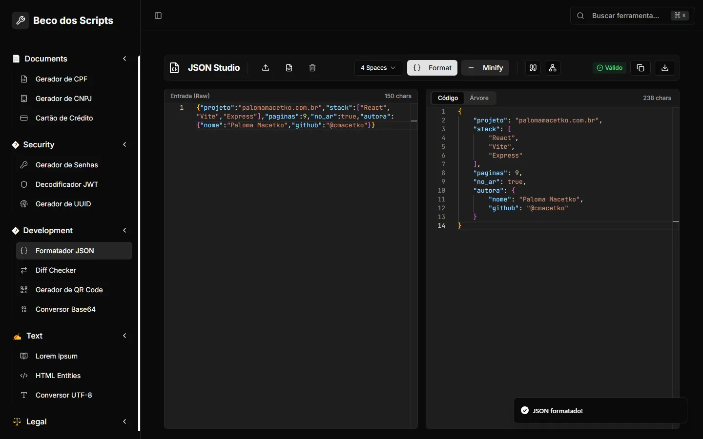 Formatador JSON do Beco dos Scripts com o JSON minificado à esquerda e o formatado à direita.
