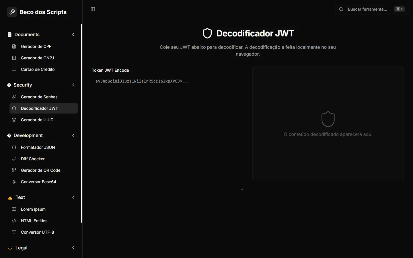 Decodificador de JWT do Beco dos Scripts, com o campo para colar o token.