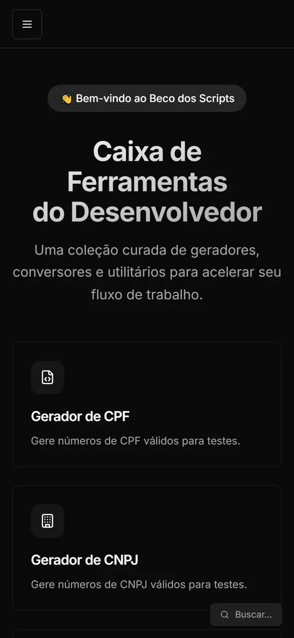 Página inicial do Beco dos Scripts no celular, com o título e os primeiros cards de ferramenta.