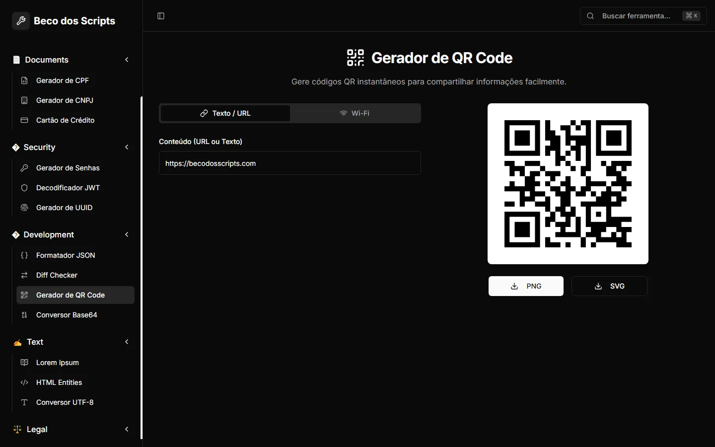 Gerador de QR Code do Beco dos Scripts com o campo de conteúdo e o QR Code gerado.