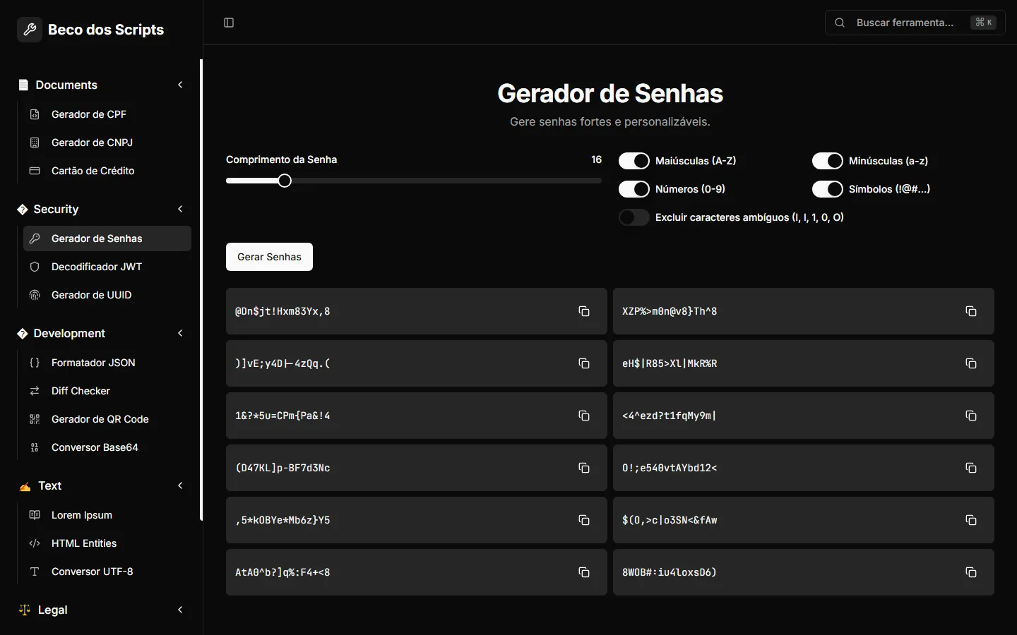 Gerador de senhas do Beco dos Scripts com opções de tamanho e caracteres e uma lista de senhas geradas.