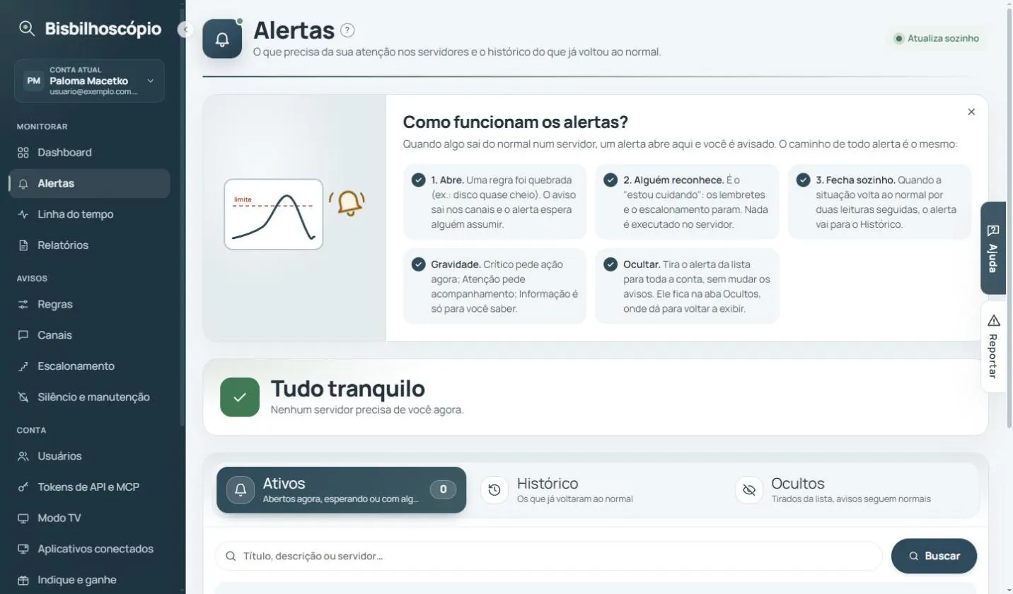 Tela de alertas com o quadro 'Como funcionam os alertas?', o aviso 'Tudo tranquilo' e as abas Ativos, Histórico e Ocultos.