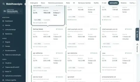 Cartões de aplicações rodando com CPU, memória, tempo no ar, porta e verificação de saúde.