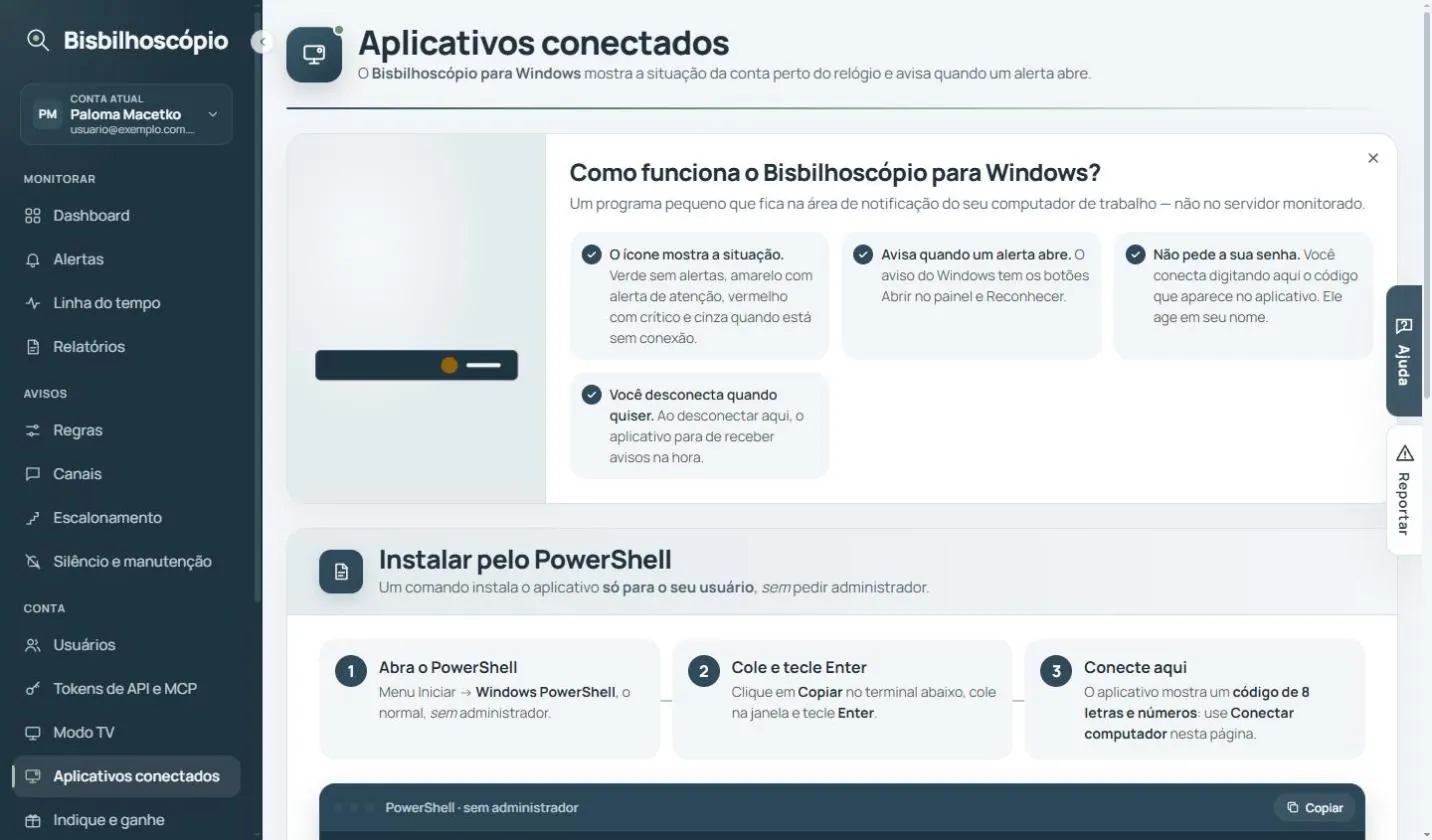 Tela de aplicativos conectados com o quadro 'Como funciona o Bisbilhoscópio para Windows?' e a instalação pelo PowerShell.
