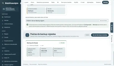 Programa de backup encontrado mas sem leitura e a seção Pastas de backup vigiadas com o cartão 'Backup do Mysql' em dia.