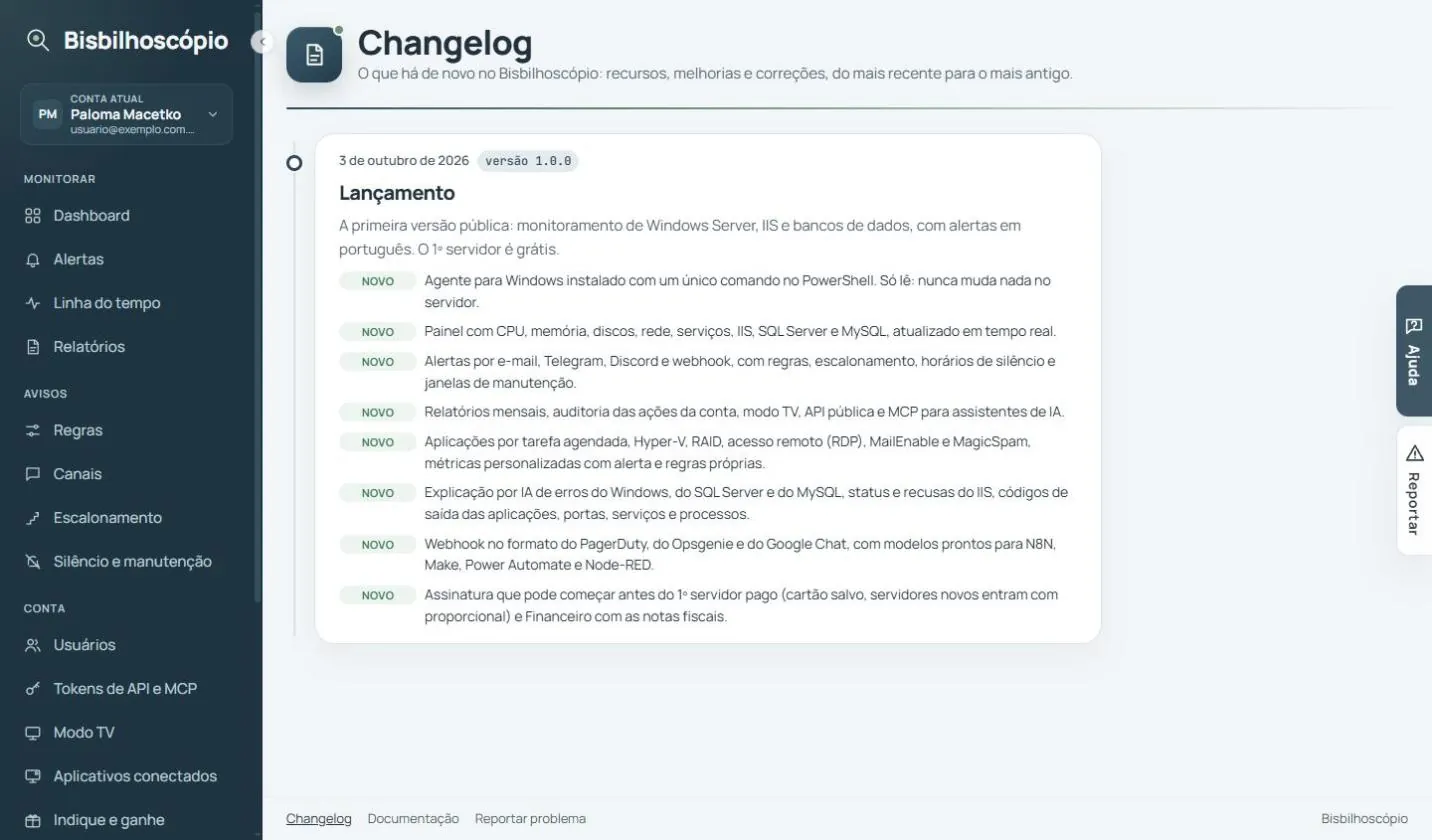 Changelog com a entrada de lançamento da versão 1.0.0 e a lista de novidades.