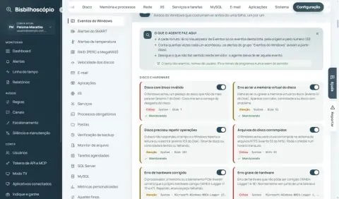 Cartões de eventos de disco e hardware, cada um com gravidade, origem e ID.