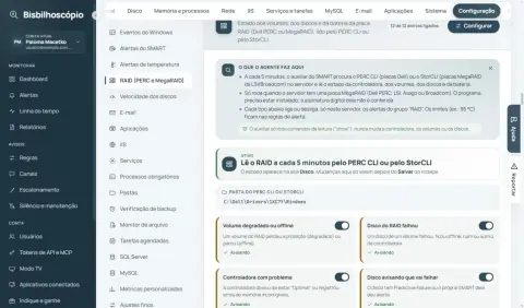 Seção RAID com a explicação do auxiliar e os interruptores de alerta de volume, disco e controladora.