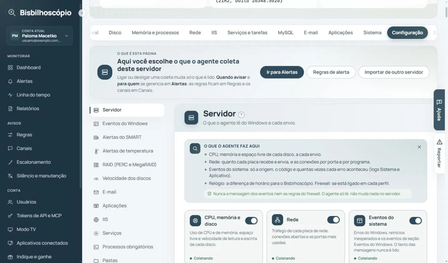 Tela de configuração com o menu de seções e os interruptores de CPU, rede e eventos do sistema.
