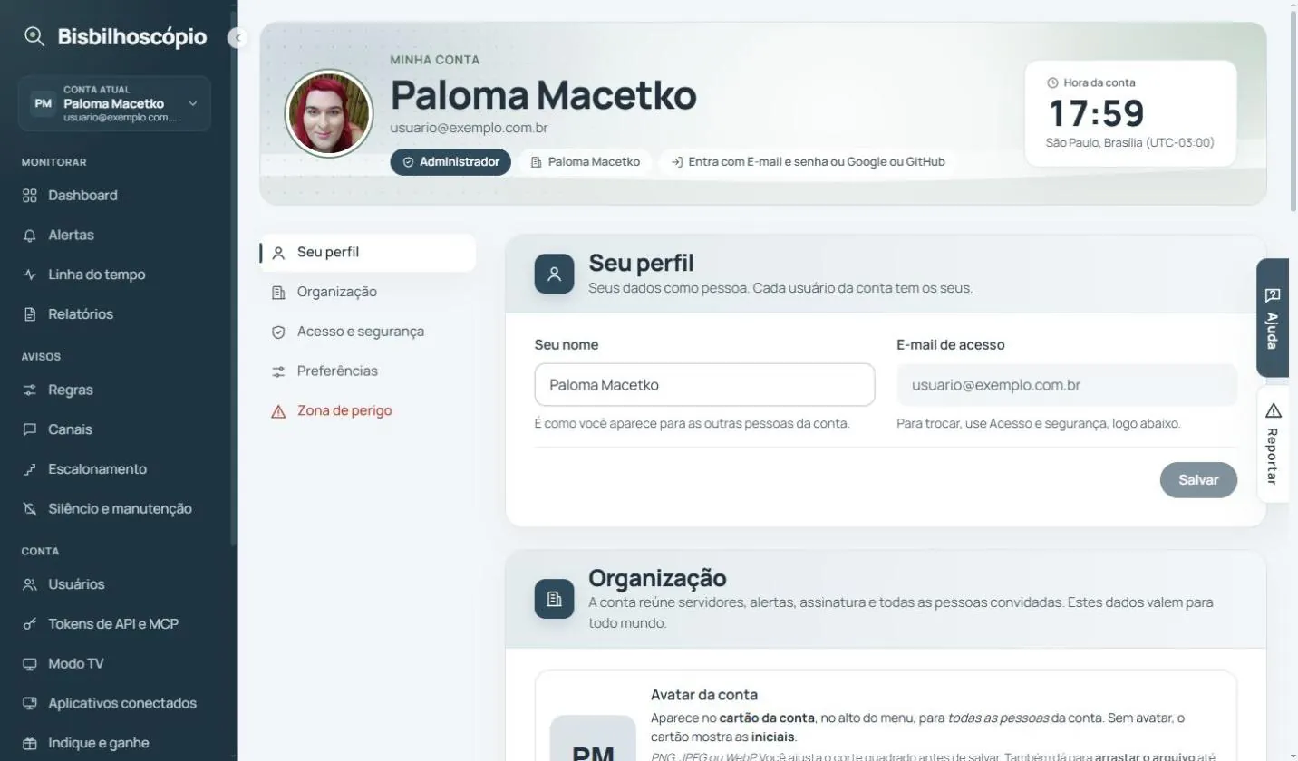 Tela da conta com o cabeçalho do perfil, a hora da conta e o formulário de nome e e-mail.