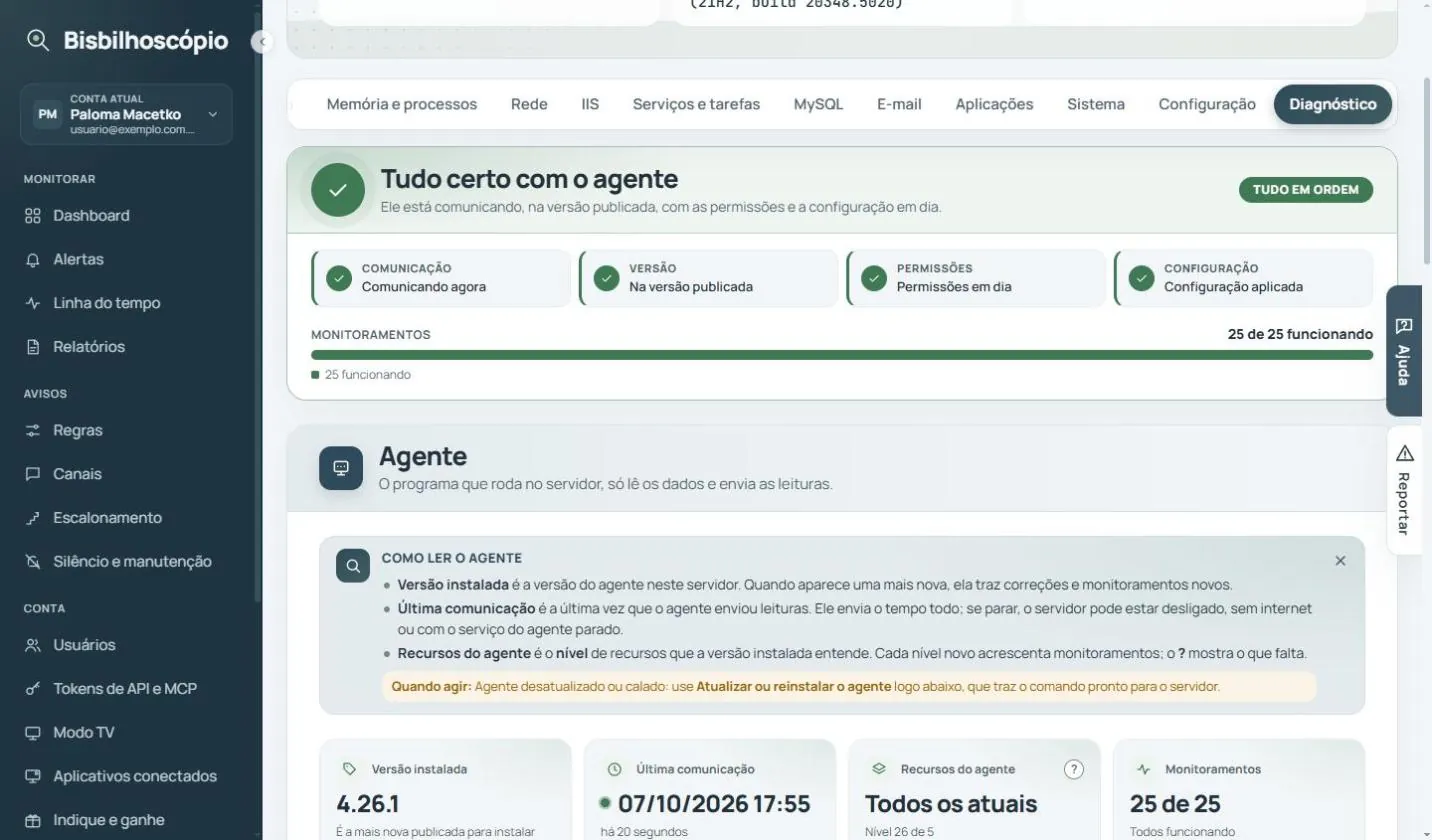 Cartão 'Tudo certo com o agente' com quatro verificações e 25 de 25 monitoramentos funcionando.