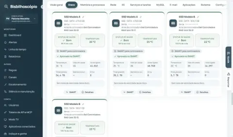 Quatro SSDs com saúde Bom, temperatura, vida útil, horas ligado e total gravado.