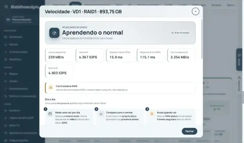 Janela de velocidade de um volume RAID1 aprendendo o normal, com leitura e escrita sequencial, IOPS em 4K, respostas típica e lenta e os três passos do teste diário.