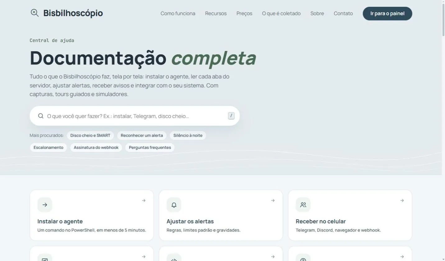 Página Documentação completa com a busca, os assuntos mais procurados e os cartões de guias.