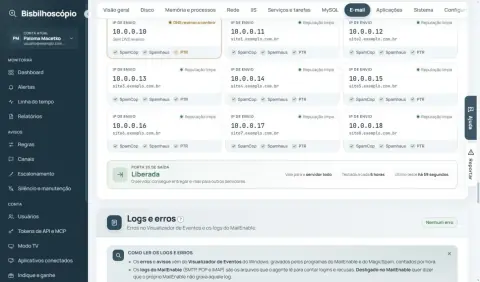 Grade de IPs de envio com SpamCop, Spamhaus e PTR, e a porta 25 de saída liberada.