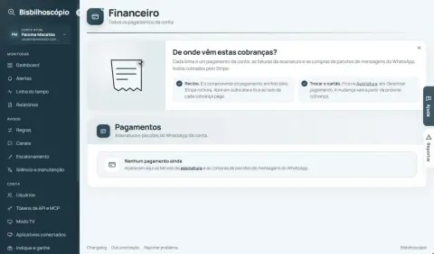 Tela financeira com o quadro 'De onde vêm estas cobranças?' e a lista de pagamentos.
