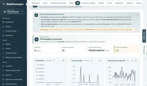 Seção ASP.NET com 19 exceções no período e gráficos de fila interna, execução e acessos por segundo.