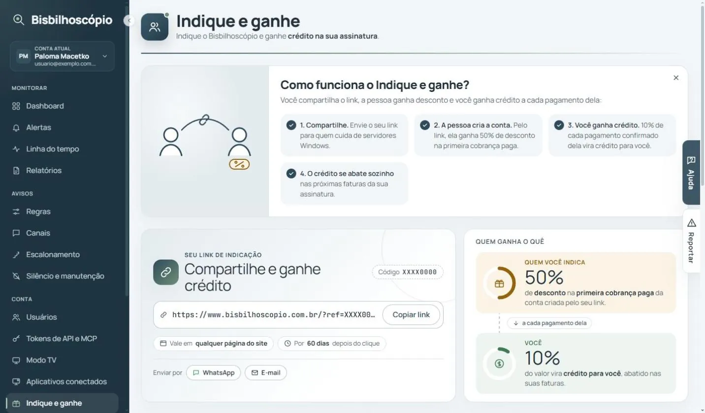 Tela Indique e ganhe com o link de indicação mascarado e os cartões de 50 % e 10 %.