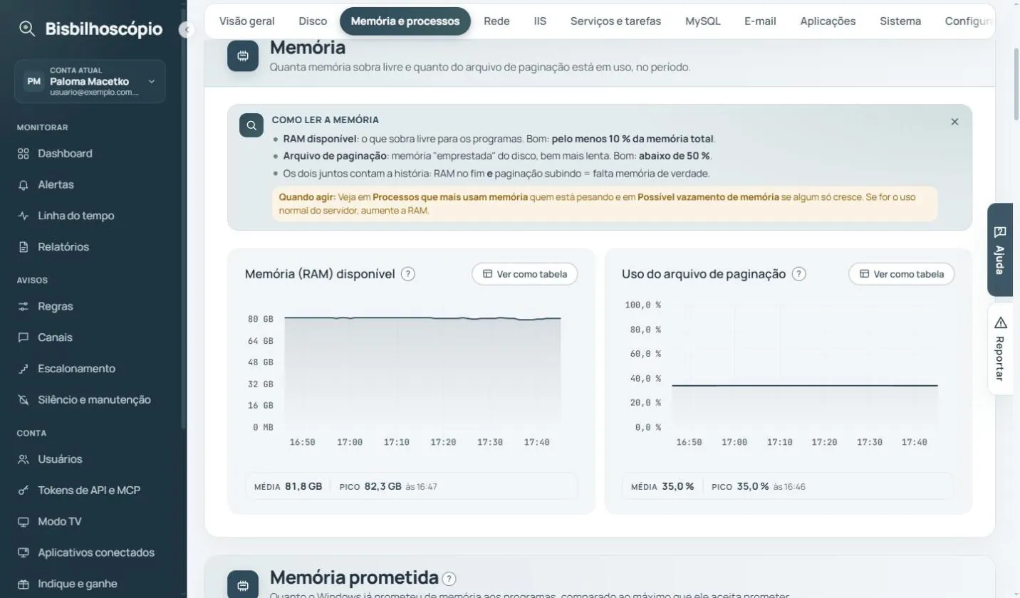 Gráficos de memória RAM disponível e uso do arquivo de paginação, com o quadro 'Como ler a memória'.