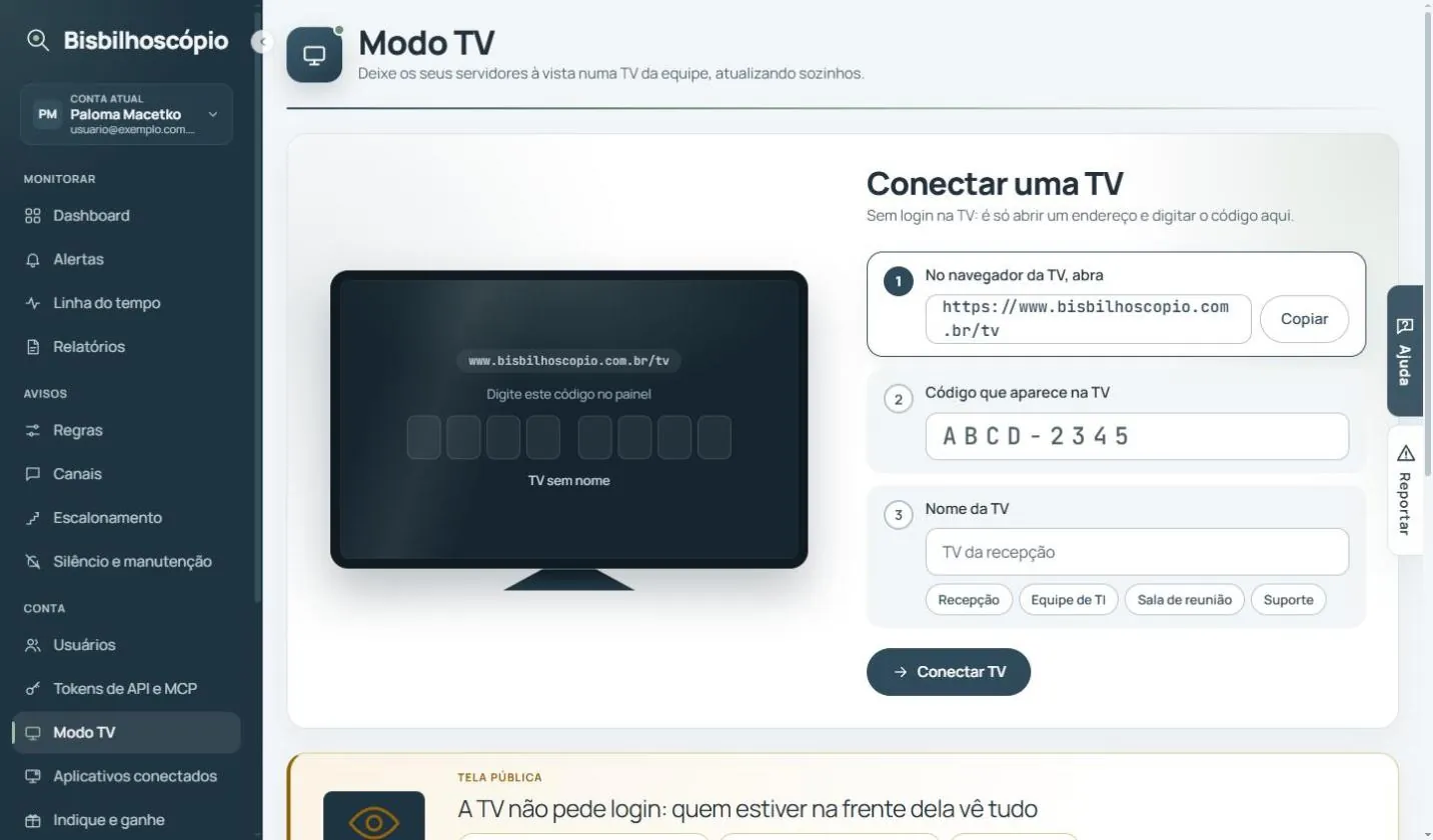 Tela do modo TV com a ilustração da TV e os três passos para conectar.