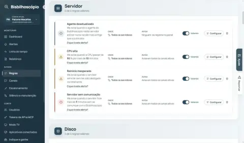 Regras do grupo Servidor escritas como frases, com onde valem, quem avisam e o interruptor.