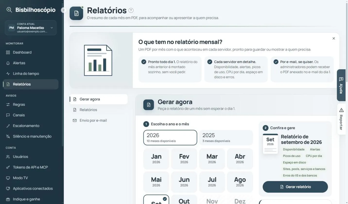Tela de relatórios com a escolha de ano e mês e o cartão do relatório de setembro de 2026.