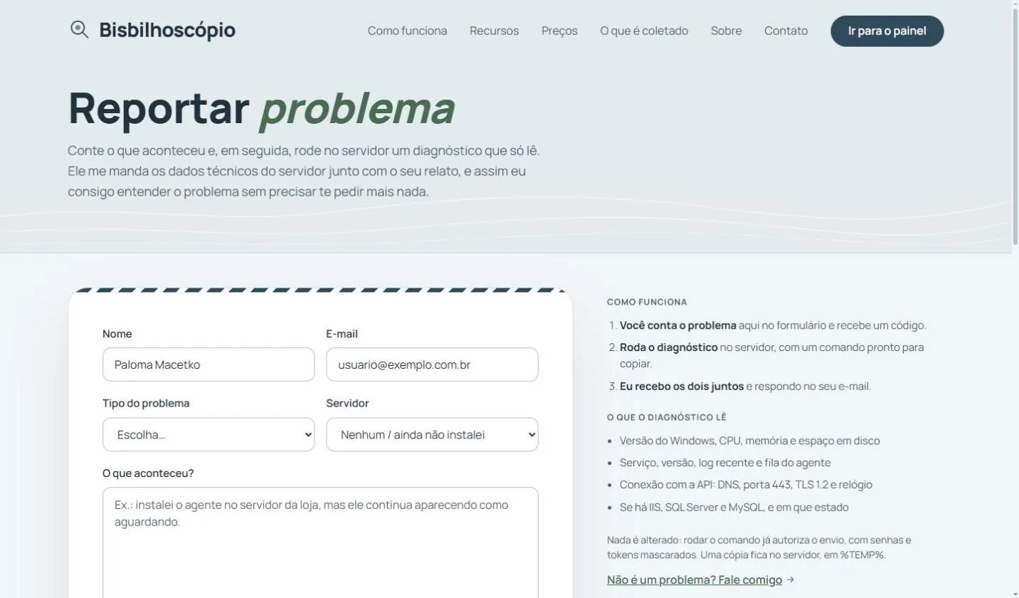 Página Reportar problema com o formulário e a explicação do que o diagnóstico lê.