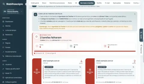 Cartão '2 tarefas falharam' e dois cartões de tarefa com o código 0x8007050B explicado.