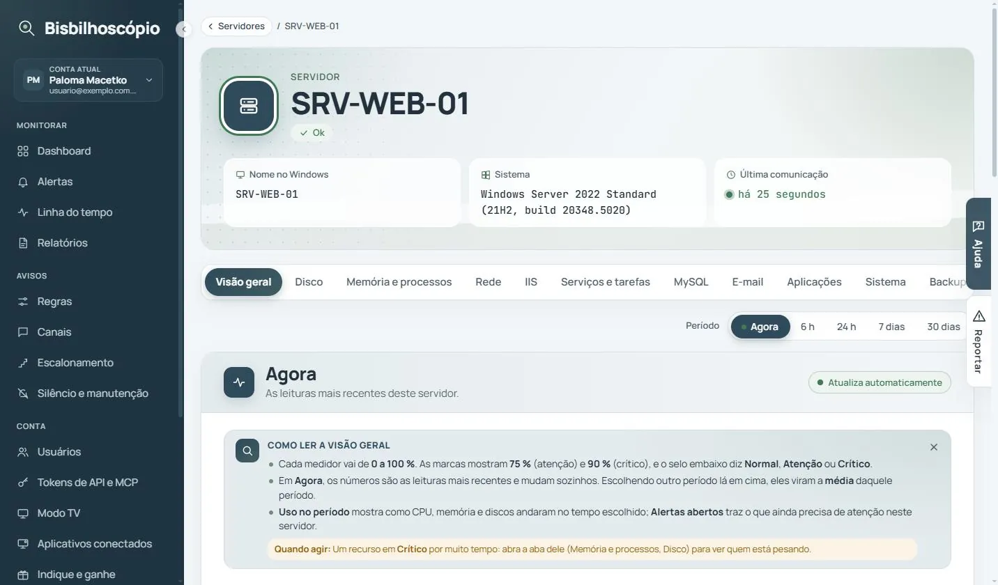 Cabeçalho do servidor SRV-WEB-01 com nome no Windows, sistema operacional, última comunicação e a barra de abas, já com a aba Backup.