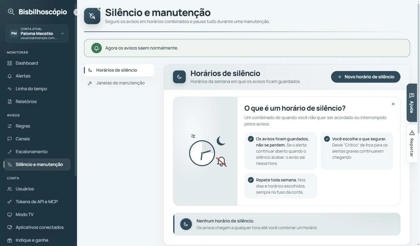 Tela de silêncio e manutenção com o quadro 'O que é um horário de silêncio?'.