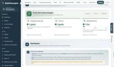 Cartão 'O servidor está protegido' com proteção em tempo real, antivírus e idade das definições.