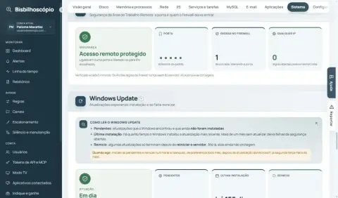 Cartão 'Acesso remoto protegido' com a porta mascarada e a seção Windows Update.