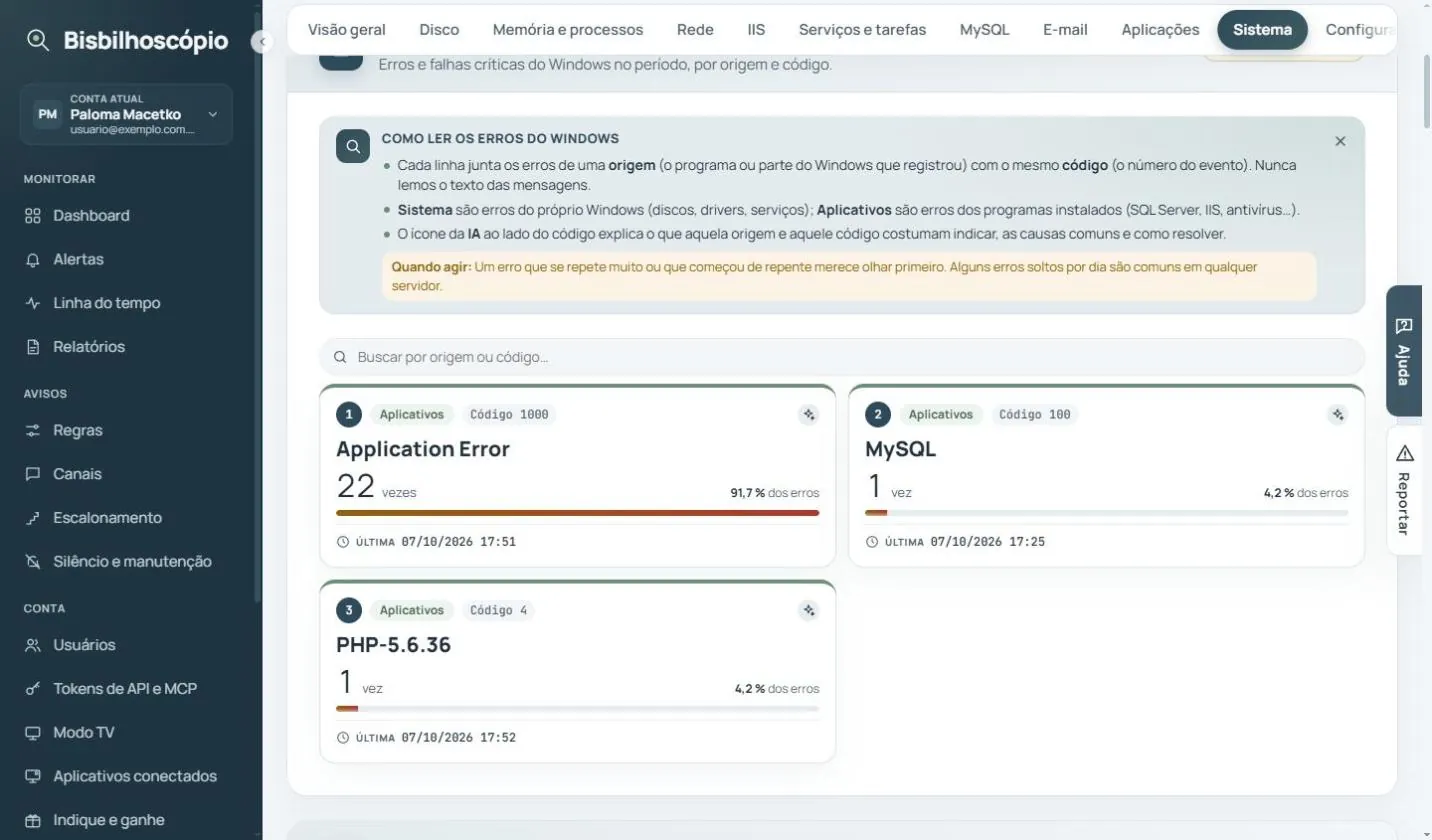 Cartões de erros do Windows por origem e código, com a contagem e a última ocorrência.