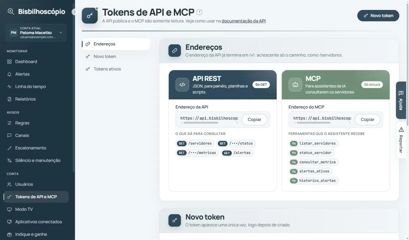 Tela de tokens com os cartões da API REST, as rotas GET, e do MCP, com as cinco ferramentas.