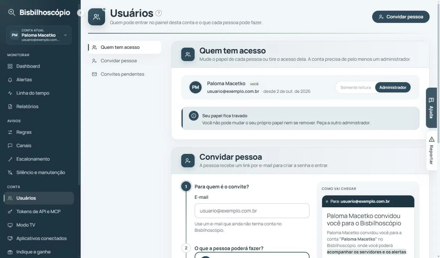 Tela de usuários com a pessoa administradora e o formulário de convite com a prévia do e-mail.
