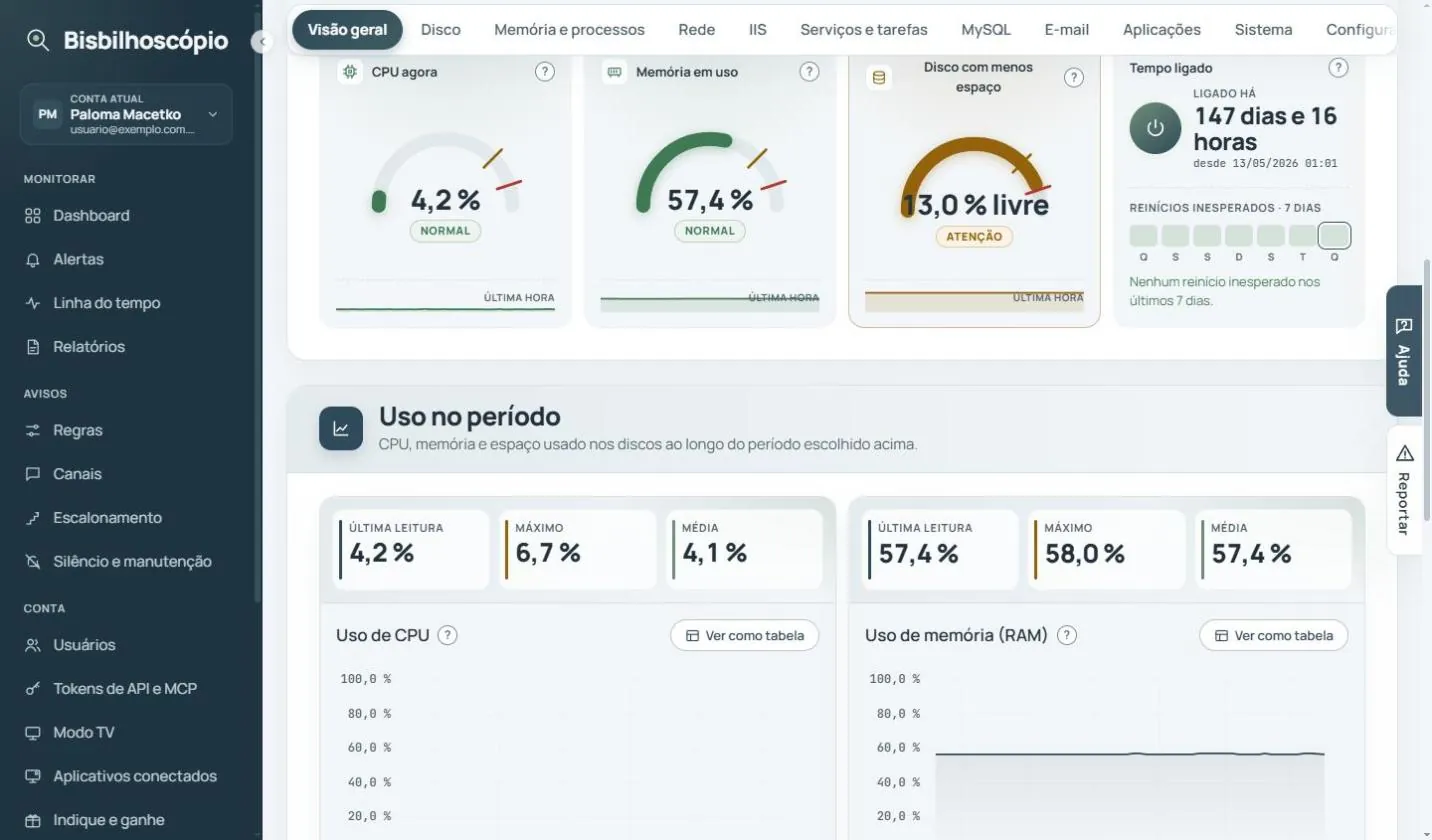 Visão geral de um servidor com medidores de CPU, memória e disco com menos espaço, o tempo ligado e os gráficos de uso no período.