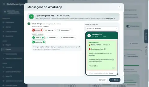 Janela Mensagens do WhatsApp com a escolha de gravidade e de quando mandar e a prévia de um alerta de disco quase cheio com o botão Visitar site.