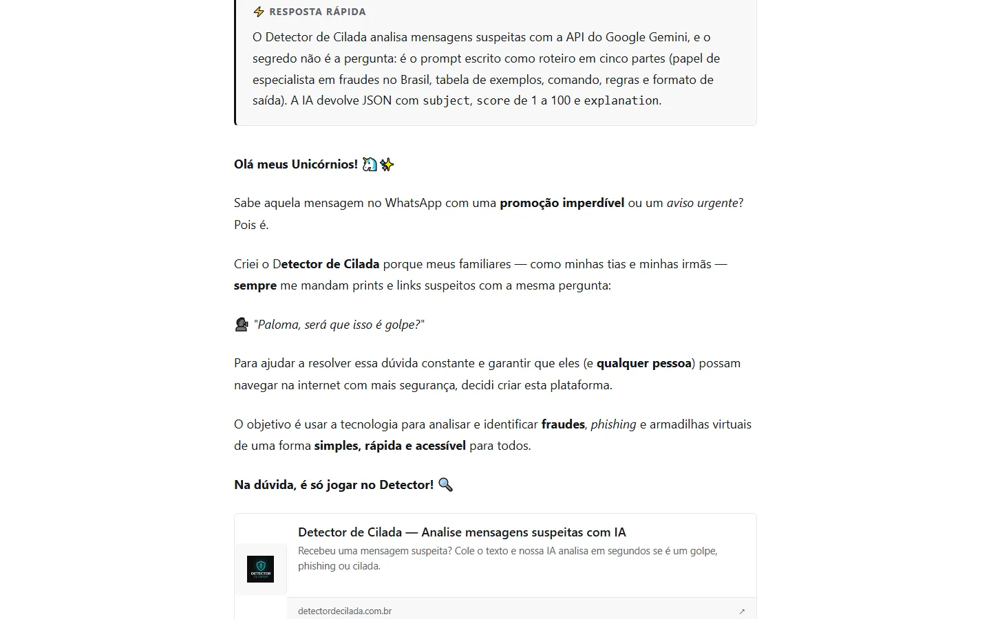 Trecho do artigo com o box 'Resposta rápida', o texto e um cartão de link para o Detector de Cilada.