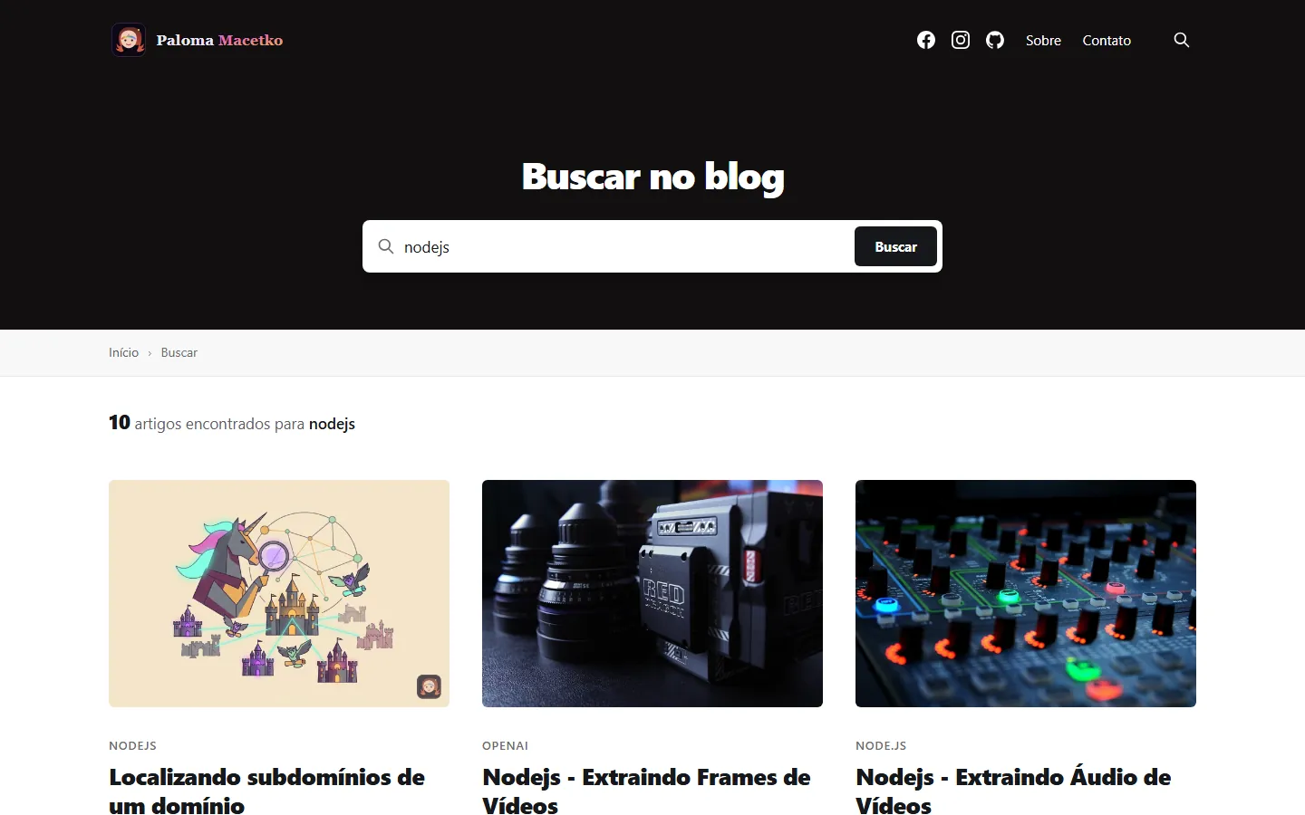 Página de busca do blog com o termo 'nodejs' e os artigos encontrados.