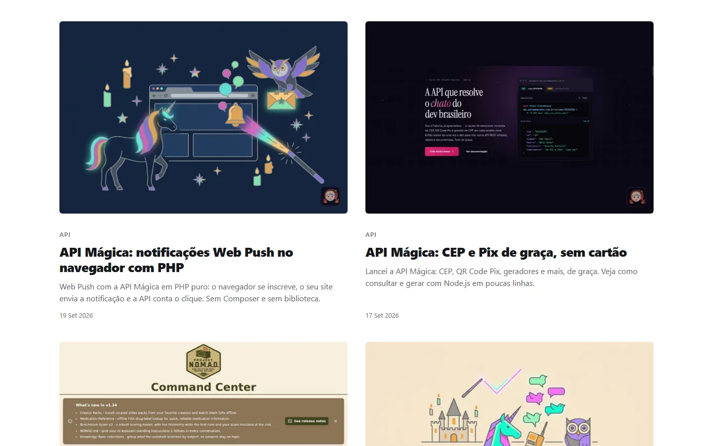 Grade de artigos do blog com capas ilustradas, tag, título, resumo e data.