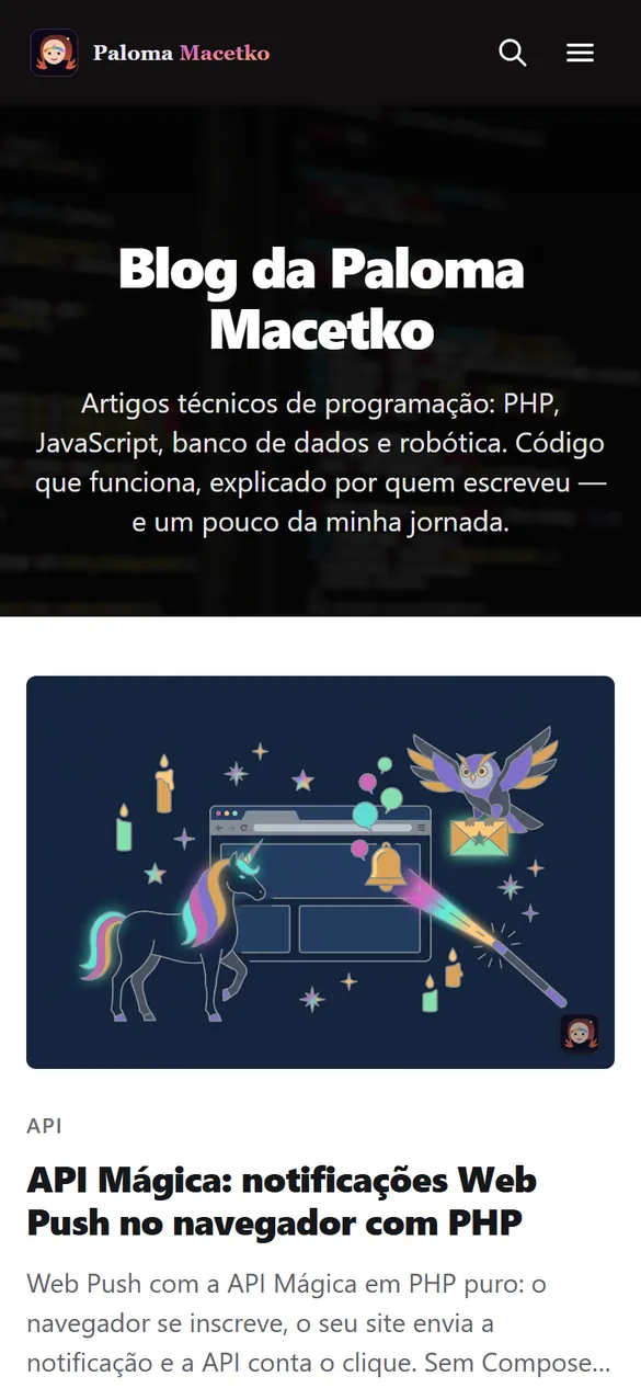 Página inicial do blog no celular, com o título e o primeiro artigo.