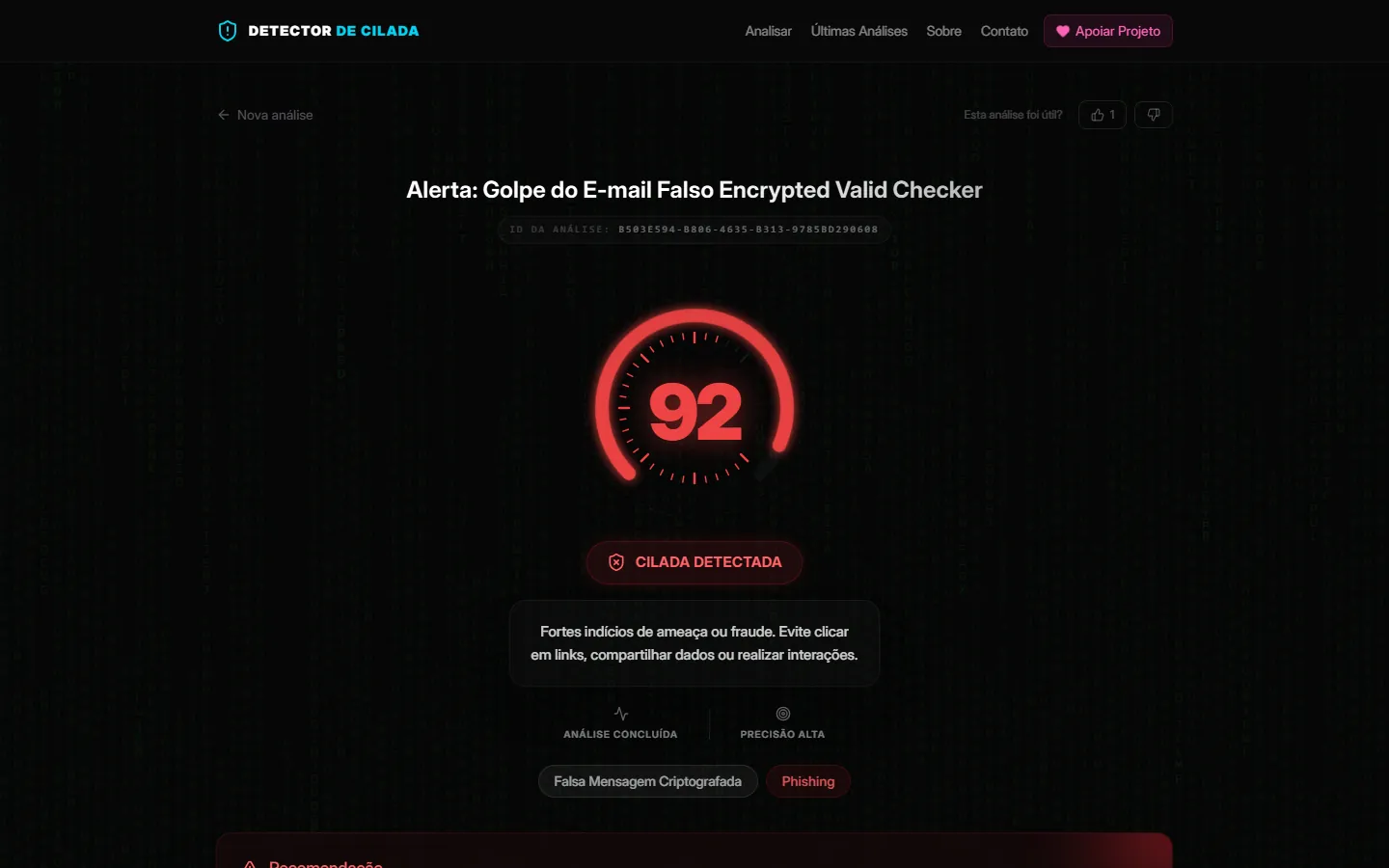 Resultado de uma análise do Detector de Cilada com nota de risco 92 e o selo 'Cilada detectada'.