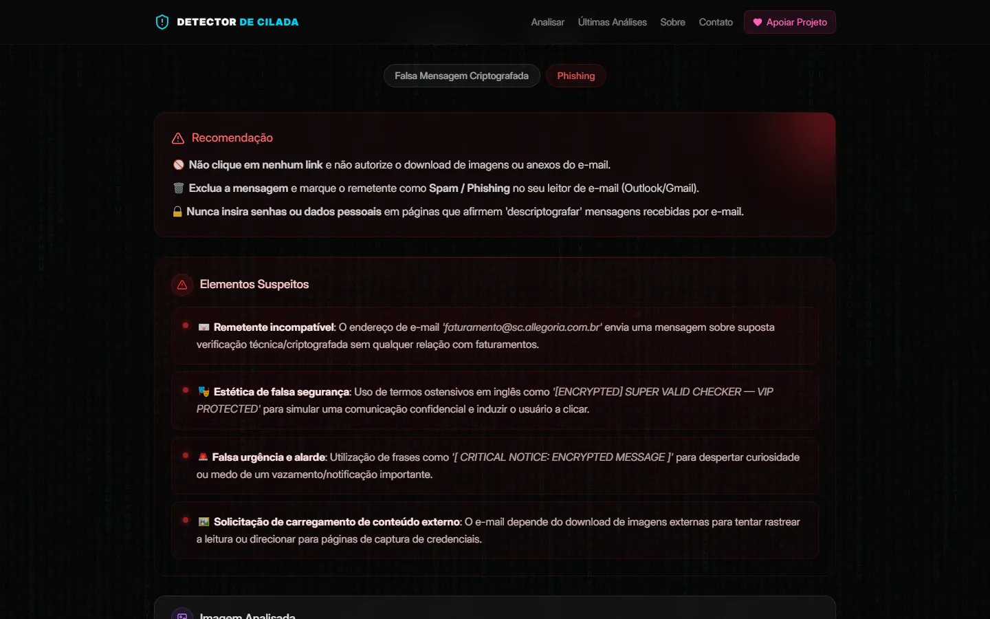 Detalhes da análise com a recomendação e a lista de elementos suspeitos do e-mail.